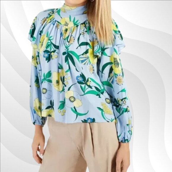 2/$30 INC Floral Ruffle Overlay Tie Neck Blouse Long Sleeve Size M - Picture 1 of 8